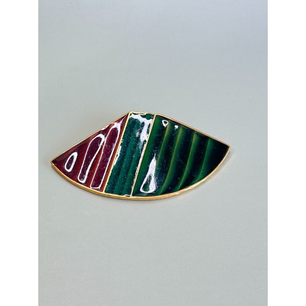 Vintage Trifari Gold-Tone Enamel Abstract Fan Brooch Pin 3 1/2" - Picture 2 of 5